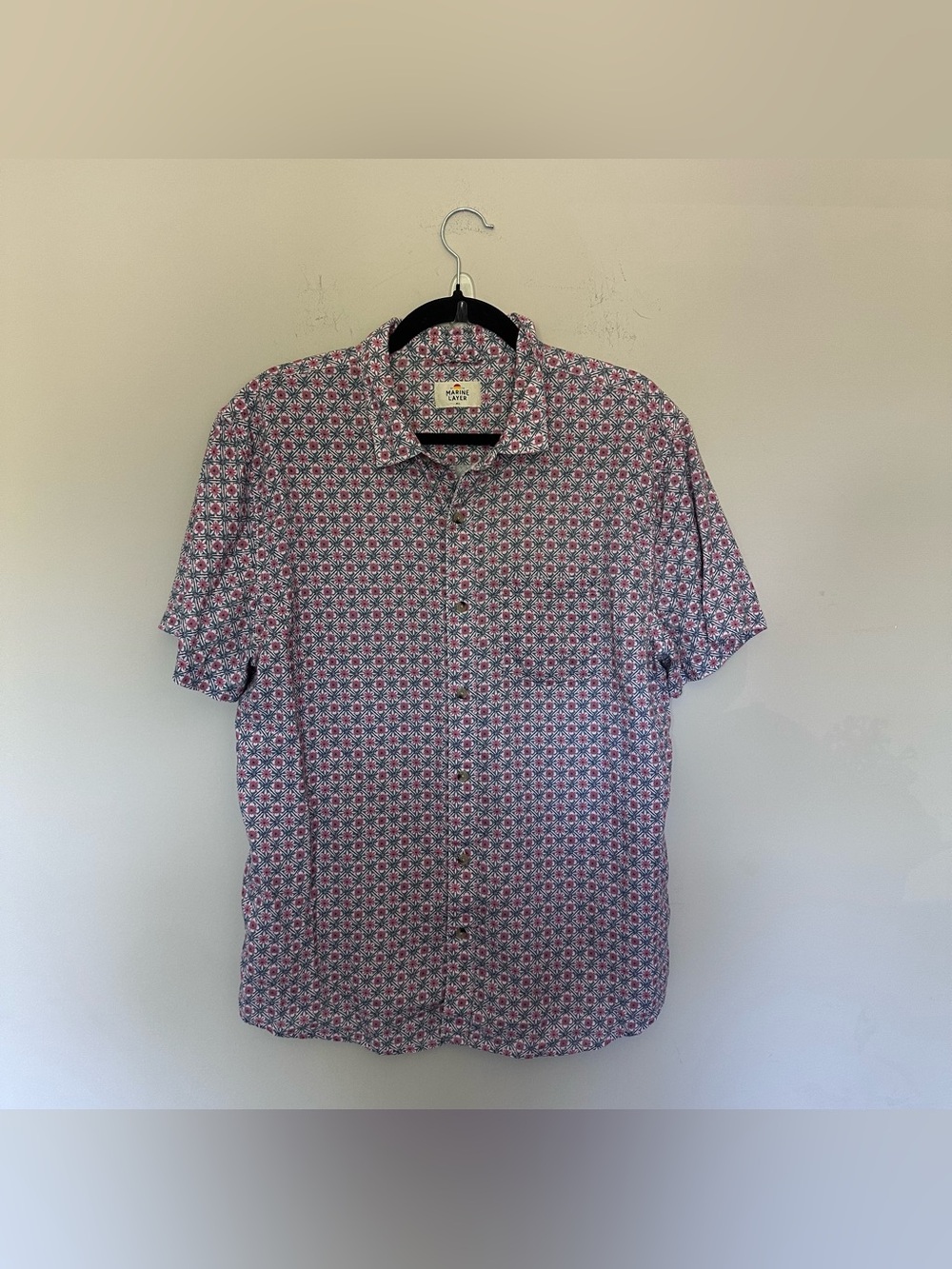 Marine Layer Men's Pink and Blue Geo Print Button-Up Shirt